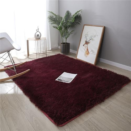 Treer Teppich Wohnzimmer Flauschig, Soft Modern Area Rug Weich Shaggy Teppiche Hochflor Langflor rutschfest Fellteppich Kunstfell Fell Carpet (140x200cm,Burgunderrot)