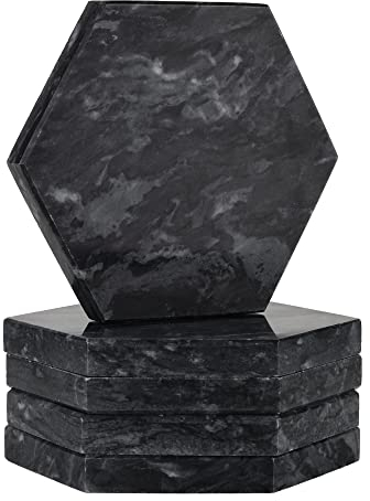 WORHE Lot de 5 dessous de verre en marbre noir - Absorbants - Avec fond en liège et support - Pour bar, café, maison, fête, bureau - DL014
