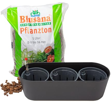 Leni Flori Jardiniere Blumentopf länglich 36 cm schwarz Hydrokultur-Komplett-Set mit Übertopf Hydro-Töpfen Wasserstandsanzeiger & Pflanzton