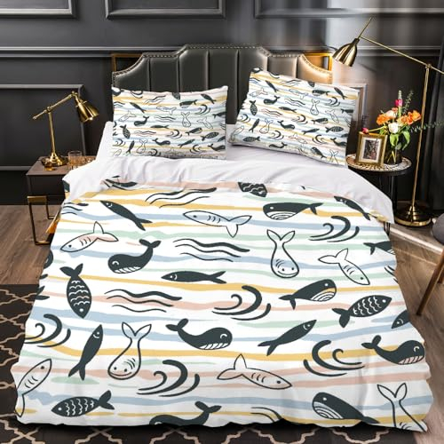LILALI Kinderbettwäsche 135x200 Fisch Bettwäsche Set 135x200 mit Reißverschluss mit Kissenbezüge Wasserlebewesen Bettbezüge 135x200 Mikrofaser 2 Teilig