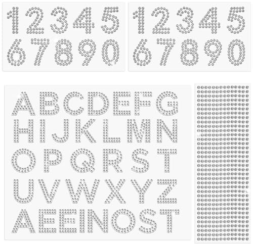 4 Sheets Letter Alphabet Stickers Rhinestone Iron on Patches Number Stickers Bling Diamond Pearl Bling Crystal Iron on Glitter Patch Self-Adhesive Decorative Stickers for Fabric Clothes Cap DIY Crafts