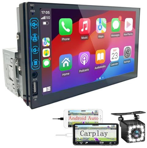 Radio Coche 1 DIN con CarPlay y Android Auto - Pantalla Táctil de 7 Pulgadas, Autoradio con Bluetooth y Soporte Mirror Link para iOS/Android con Cámara de Respaldo