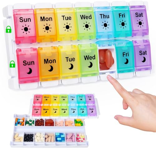 AM PM Pill Box 7 Day, Easy Fill Push Button Large Weekly Pill Box Medicine Organiser for Vitamin, Fish Oil, Supplements(Colorful)