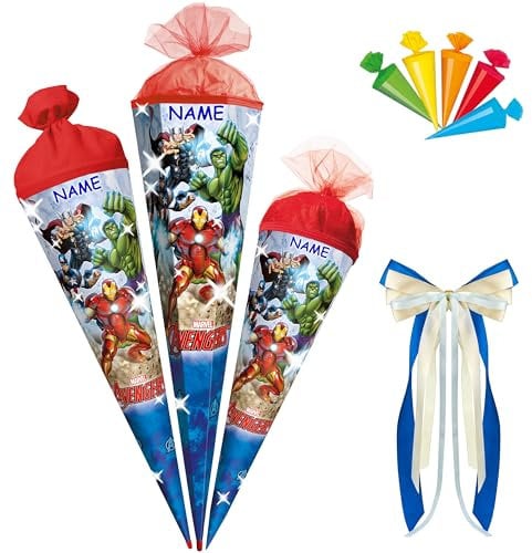 alles-meine.de GmbH Schultüte - Avenger - 35-85 cm - Größe wählbar - Holzspitze wählbar - inkl. Name + Bänder Schleife + 5 kleine Zuckertüten - Zuckertüte - Tüll - oder Filzabs..