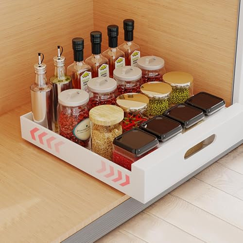 Kensbro Teleskopschublade 40CM, Ausziehbare Schubladen Aufbewahrungsregale für Küchenschränke, Korbauszug Küchenschrank Organizer mit Griff, Kein Bohren und Nageln Erforderlich, Weiß, HZL0024-CLL2