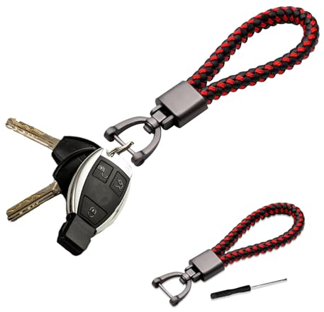 deemars Autoschlüsselanhänger aus echtem Leder, Autoschlüsselhalter mit 360 Grad drehbarem D-Ring und Schraubendreher, Woven Strap Braided Rope Schlüsselanhänger Universal für Männer (Schwarz Rot)