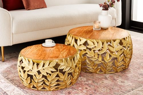 Riess Ambiente Rundes 2er-Set Couchtische Abstract Leaf 70cm Natur Gold Massivholz Akazie Metall Blatt-Design Sofatisch Wohnzimmertisch Tisch Metalltisch