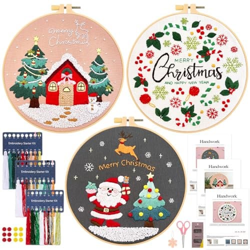 JSRQT 3Pcs Christmas Full Rang Embroidery Starter Kit, Stamped Cross Stitch Kit for Beginner Adults, Hand Embroidery Kit with Snow House Christmas Tree Candy Pattern, Embroidery Tool for Craft Supply