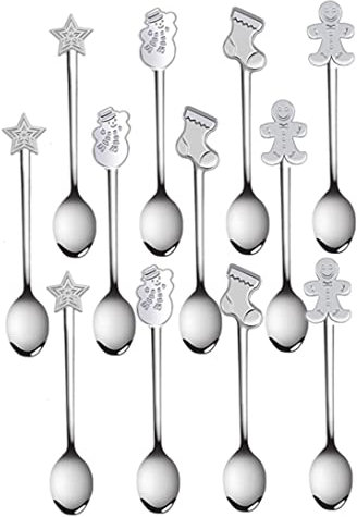 Weihnachts-Kaffeelöffel, Edelstahl-Löffel, Dessert-Teelöffel für Eis, Heißgetränk, 12 Stück, Weihnachts-Zuckerlöffel, Heißgetränk-Löffel, Dessert-Teelöffel