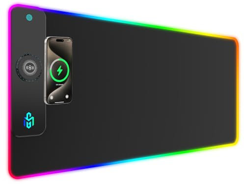 GIM Wireless Charging RGB Gaming Mouse Pad 15W, LED Mouse Mat 900x400x4MM, 10 Light Modes Extra Large Mousepad Non-Slip Rubber Base Computer Keyboard Mat for Gaming (Black-Max)