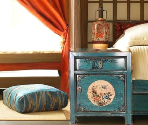 OPIUM OUTLET Table de Nuit Chinois Table de Chevet Asiatique Petite Armoire de Nuit Orientale Commode Chambre Console Shabby Chic Bleu Turquoise, Complètement Assemblé