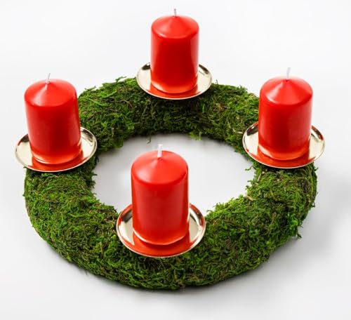 Adventskranz im Set mit 4 roten Kerzen und Kerzenhaltern | Kranz aus nachhaltigem Moos