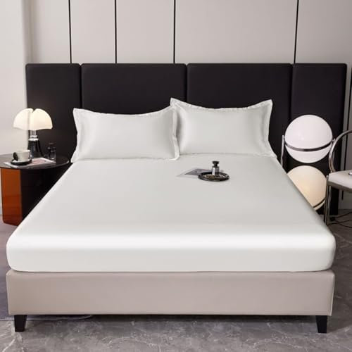 Epinki Betttuch 150x200cm Schutzhülle, Bettlaken Unterlage Einfarbig Weiß Schlafkomfort, Satin Laken für Bett für alle Jahreszeiten