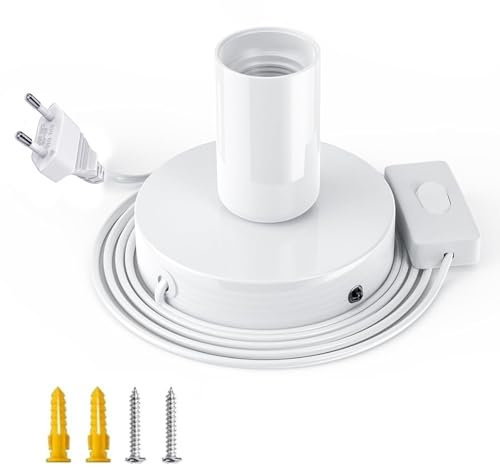 Powice Lampenfassung E27 mit Schalter, E27 Fassung Weiß mit 1,8m Netzkabel Schraubring Schalter für DIY-Projekte, Lampenaufhängung Pendelleuchte Hängeleuchte