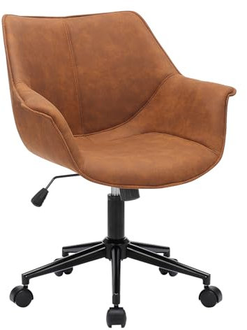 home24 Bürodrehstuhl mit Rollen und Armlehne | Ergonomischer Bürostuhl mit Microfaser-Bezug in Vintage Cognac Gestell schwarz Belastbarkeit 130 kg | Höhenverstellbarer moderner Drehstuhl gepolstert