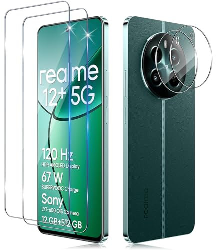 Funrae 2 Piezas Protector de Pantalla para Realme 12+ 5G/Realme 12 Plus 5G/Realme 12 4G con 2 Piezas Protector de Lente de Cámara, 0.33MM HD 9H Ultra Resistente Cristal Templado Vidrio Templado