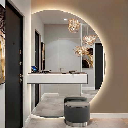Generico Specchio da Bagno A Semicerchio, Specchio Semicircolare con Luce LED, Specchio Mezza Luna da Parete Dimmerabile, Moderno Specchio da Bagno, Sinistra/Destra Universale (77 * 110cm)