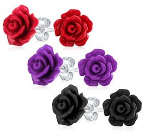 Set di tre romantici delicati orecchini a perno floreali 3D intagliati lavanda viola nero rosso per donne adolescenti per madre placcati in argento