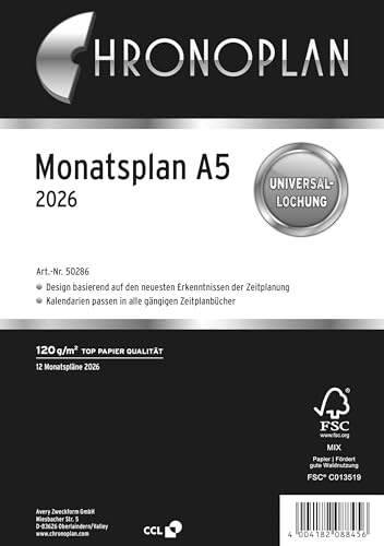 Chronoplan 50286 Kalendereinlage 2026 (Monatsplan A5 (148x210mm), Ersatzkalendarium für Terminplaner, Monatsplaner, für detaillierte Monatsplanung, 1 Monat auf 1 Seite, mit Universallochung) weiß