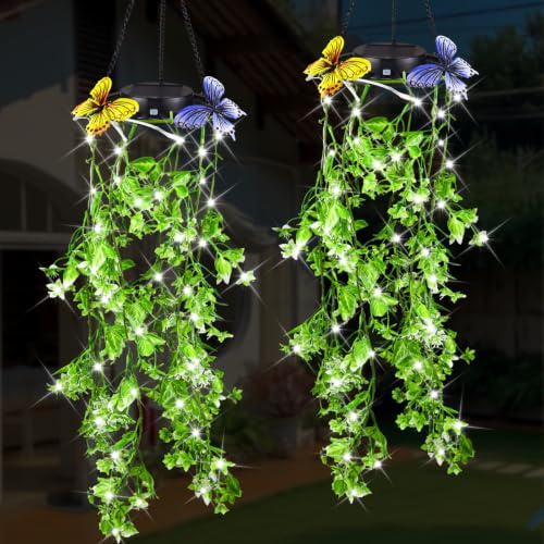 Lámparas solares para exteriores colgantes, 2 paquetes de 66 perlas LED de sauce artificiales, hojas de sauce al aire libre, IP65, resistentes al agua