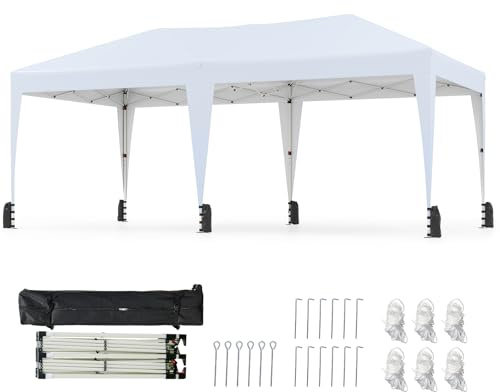 COSTWAY Pavillon 3 x 6 m, Pop up Faltpavillon Wasserdicht mit Tragetasche auf Rollen, UV Schutz 50+ Partyzelt inkl. 6 Sandsäcken, Gartenpavillon Höhenverstellbar für Camping, Party (Weiß)