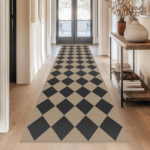Capslpad Teppich Läufer Flur 80x300cm Raute Jute Aussehen KüchenTeppich Natürlich Waschbar Teppich Schwarz rutschfest Wohnzimme Läufer Flur Eingang, Küche, Schlafzimmer, Balkon