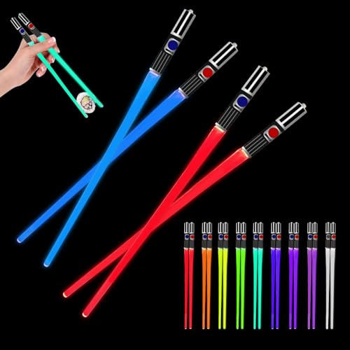 RNPKZ Leuchtende Essstäbchen, 2 Paar Lichtschwert Essstäbchen, Lightsaber Chopsticks mit 9 Farbmodi, LED Essstäbchen Leuchtende, BPA Frei und Lebensmittelecht, für Küchen Dinnerparty Sushi Besteck