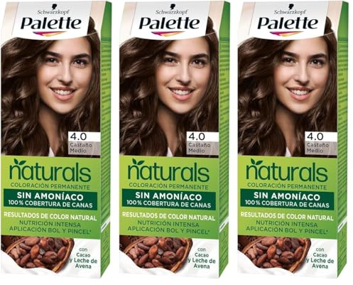 Schwarzkopf Palette Naturals Color Creme - Tono 4 cabello Castaño Medio - Coloración Permanente – Óptima cobertura de canas – Colores naturales (Paquete de 3)