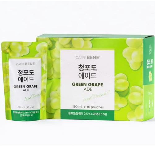 Caffe Bene 190ml Green Grape Ade Pouch x 10 Pouches – Ready to Drink Ade, Korean Style GrapeAde Beverage Multipack