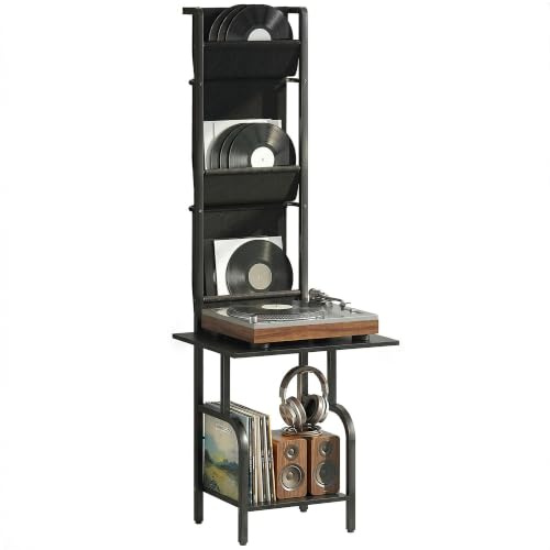 HOMCOM Vinyl Record Storage with Player Stand, Black | Turntable Stand and Display Shelf, CD Storage Unit for Up to 40 CDs, Record Player Table for Living Room or Bedroom