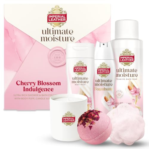 Imperial Leather Ultimate Moisture Cherry Blossom Indulgence Ultra Rich Shower & Bath Collection with Body Puff, Candle and Bath Bomb