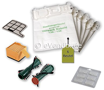 Filterset kompatibel mit Vorwerk Kobold VK 135, 136: 6 Staubsaugerbeutel ähnlich FP 135, FP 136 + 1 Hygiene-Mikrofilter HEPA+ 1 Motorschutzfilter + 2 Ersatzbürsten EB 360 / EB 370 + 6 Duftsticks