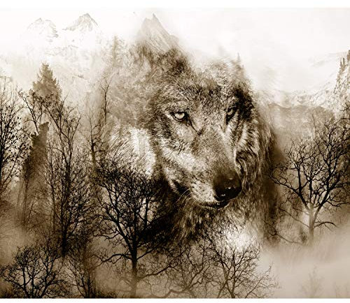decomonkey Fototapete Landschaft Tiere Wolf 350x256 cm XL Tapete Fototapeten Vlies Tapeten Vliestapete Wandtapete moderne Wandbild Wand Schlafzimmer Wohnzimmer Natur Berge Baum