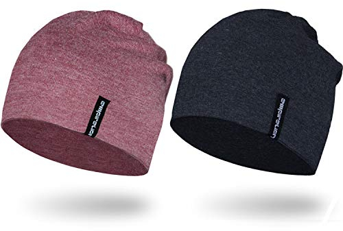EMPIRELION 9 Leicht Stricken Mützen Hüte,Helm Liner Laufen Scheitelkäppchen Schlafen Kappen für Damen Herren (Holzkohle Melange+Rubin Wein Melange)