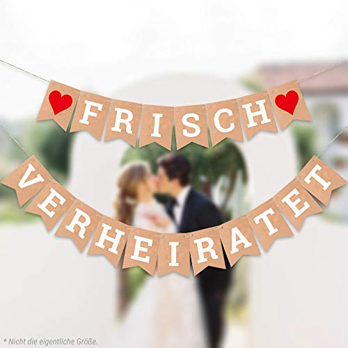 ecooe Frisch Verheiratet Banner Dekoration für Hochzeit Brautdusche Just Married Girlande mit 19Stk Wimpeln und 3M Jute Seil*2