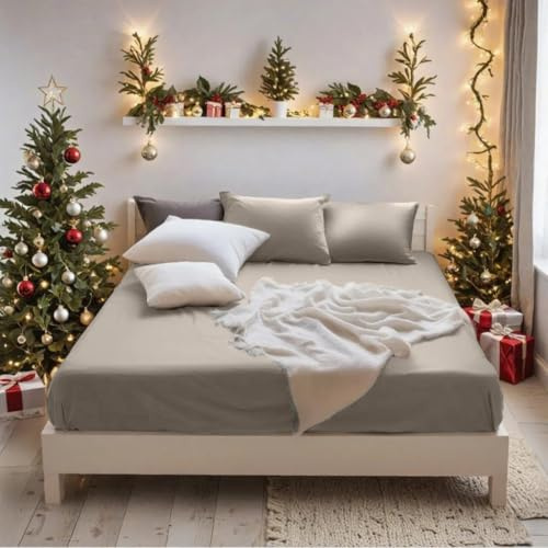 MOHAP Warm King Size Fitted Sheet Khaki with Extra Deep 16 inch 40 cm Pocket Bed Sheet Only Bedsheet Brushed Microfiber Bottom Sheet for King Bed 150x200 Khaki