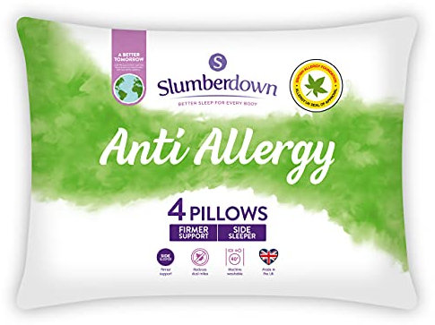 Slumberdown Anti Allergy Pillows 4 Pack - Allergy UK Approved Firm Support Back & Side Sleeper Pillow for Allergy Sufferers | Anti Bacterial Cover, UK-Made & Washable (48 x 74cm)
