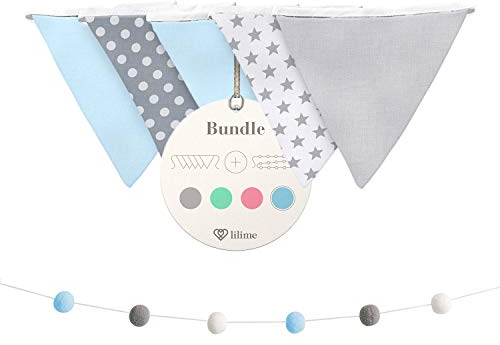 lilime® Wimpelkette Inkl. GRATIS Girlande ideal für Dekoration im Kinderzimmer - Unsere Wanddeko für Dein Kind - Super süße Deko für jedes Babyzimmer (1.9M) (Grau-Weiß Blau)