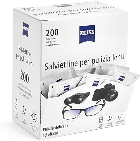 ZEISS - Salviette Pulisci Occhiali da Vista, Lenti Ottiche e Display - Zeiss Salviette Pulizia Lenti Monouso - Salviette Occhiali Pulizia 200 pezzi