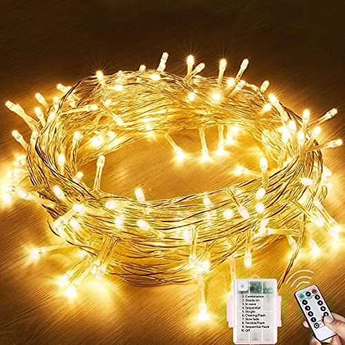Lezonic Fairy Lights Waterproof, 120LED 13M/42Ft 8 Mode String Lights Battery, Garden Lights Outdoor/Indoor with Remote Control for Bedroom, Party, Wedding, Christmas Decorations(Warm White)