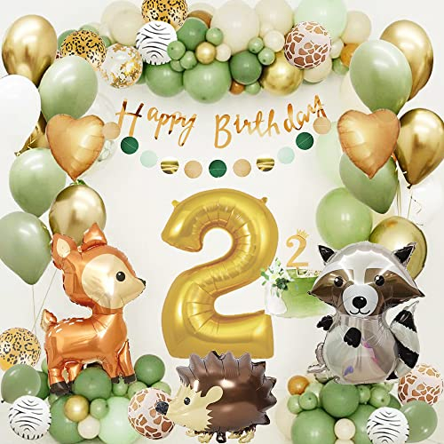 2 Geburtstag Junge Mädchen, Dschungel Kindergeburtstag Deko 2 Jahr, Grüne Luftballon 2 Geburtstagsdeko, Wild Two Geburtstagsdeko, Waldtiere Alles Gute zum Banner für Kinder Deko