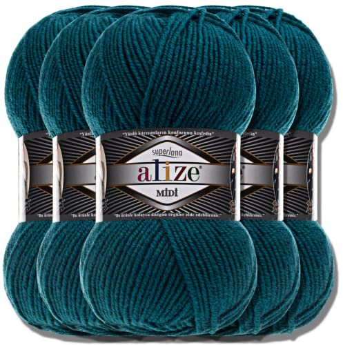 Alize 5 x 100g Superlana Midi Türkische Premium Wolle Baumwolle und Acryl Uni Handstrickgarne | Yarn | Garn | Strickgarn Einfarbig Baby zum Häkeln Stricken Kleidung Schals (Petrol | 212)