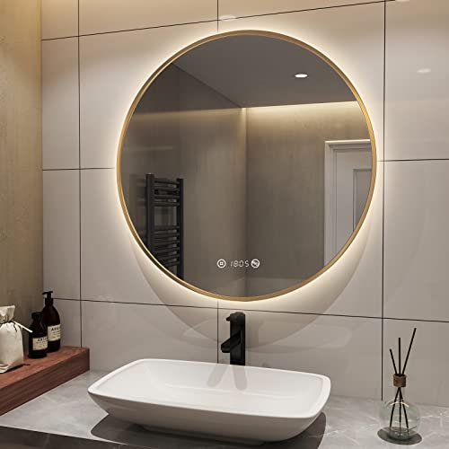 S'AFIELINA Runder Badspiegel Badezimmerspiegel mit Beleuchtung 80cm Durchmesser, Wandspiegel mit TouchSchalter und Beschlagfrei Taste Neutralweiß Licht, Digitaluhr, IP44 (Goldener Metallrahmen)