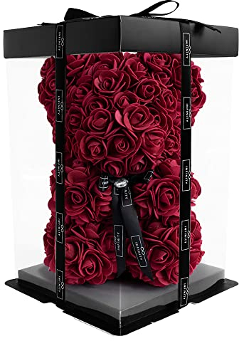 Infinity® Rosenbär Dunkelrot 25 cm – Handgefertigter Bär mit Geschenkbox & über 300 duftenden 3D-Rosen – Geschenk für Frauen, Geburtstag oder Jahrestag