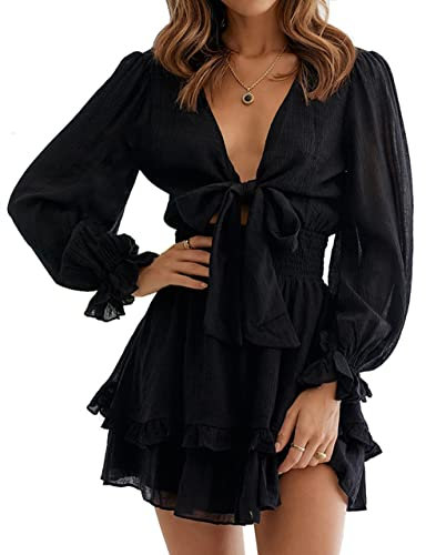 PHENHU Women's Dress Deep V-Neck Long Sleeve Knot Front Ruffle Hem Casual Short Dress