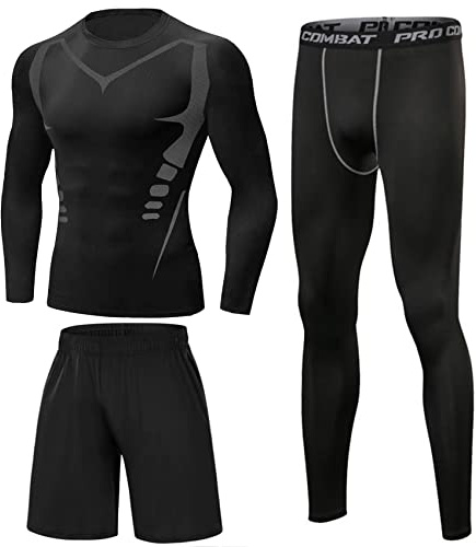 Terecey Herren Kompressionsanzug 3pcs Set, Fitness Bekleidung Funktionswäsche Kompression Set, Atmungsaktiv Kompressionsshirt Sporthose Leggings, zum Laufen, Radfahren, Gym Outdoor & Zuhause