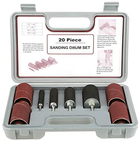 20-teiliges Trommelschleifer Set mit Schleiftrommel Kit für Bohrmaschinen, Koffer mit 4 Gummitrommeln und 16 Schleifbandhülsen, Schleifwalzen für Bohrmaschinen Spindelschleifer
