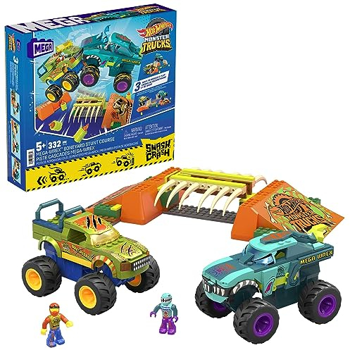MEGA Hot Wheels Monster Trucks Bauspielzeug, Smash & Crash Mega-Wrex Boneyard Stuntparcours mit 332 Teilen, 2 Figuren und 2 Rampen, Kinder ab 5 Jahren, HKF89