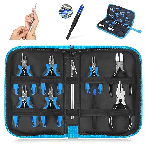 Toolour - Set di pinze per fai da te, 16 pezzi, pinza con vassoio in legno, mini pinza, pinza diagonale, taglio filo, pinza a becco, creazione di gioielli, set di attrezzi manuali fai da te