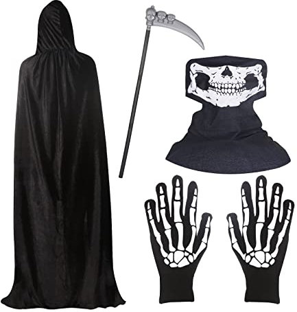 BILLMOSS Halloween Grim Reaper Costume - Hooded Cloak Velvet Black Cloak with Scythe Skull Mask Skeleton Gloves Grim Reaper Party Costumes for Kids
